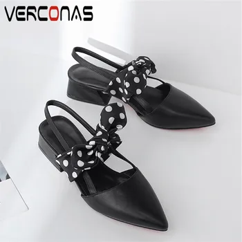 

VERCONAS 2020 Summer Woman Pumps Brand Design Woman Sandals Genuine Leather Butterfly Knot Pointed Toe Square Heels Shoes Woman