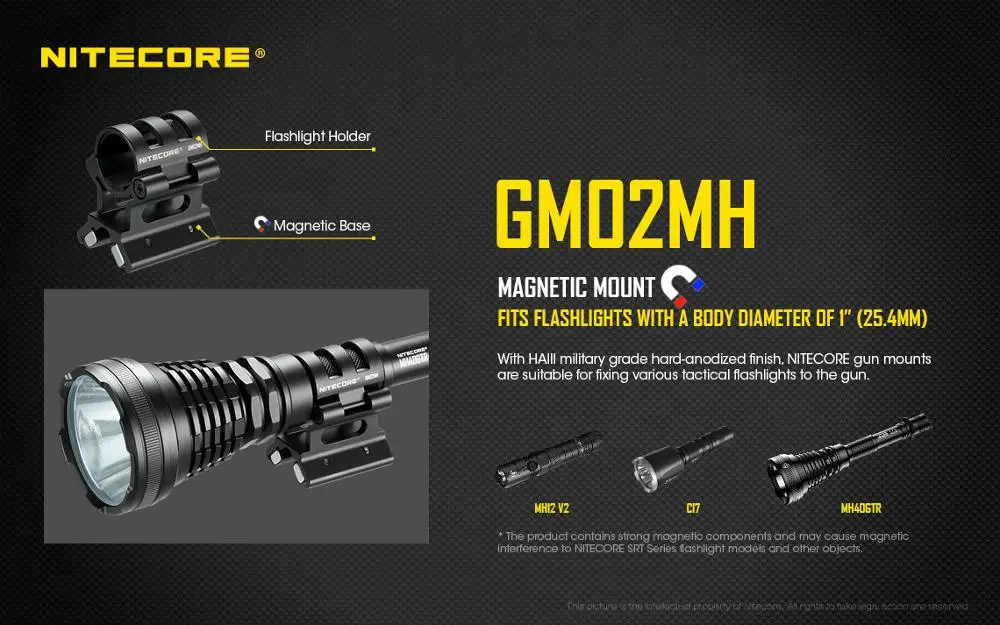 Quick Detach Magnetic Barrel Mount for NITECORE Flashlights Suitable for NITECORE SRT7GT MH40GTR MH12GTS P12GTS flashlight holder