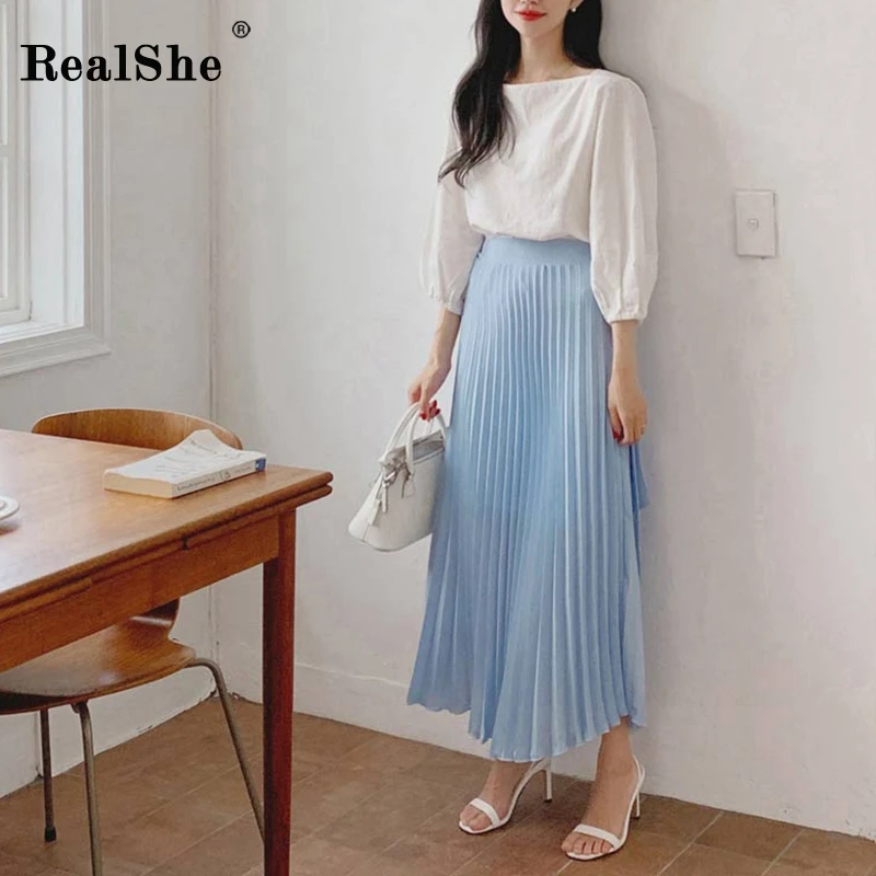 

RealShe Pleated Skirt High Waist Long Skirt Chiffon Elegant Casual Bandage Jupe Femme 2019 Spring Autumn Women Skirt Summer