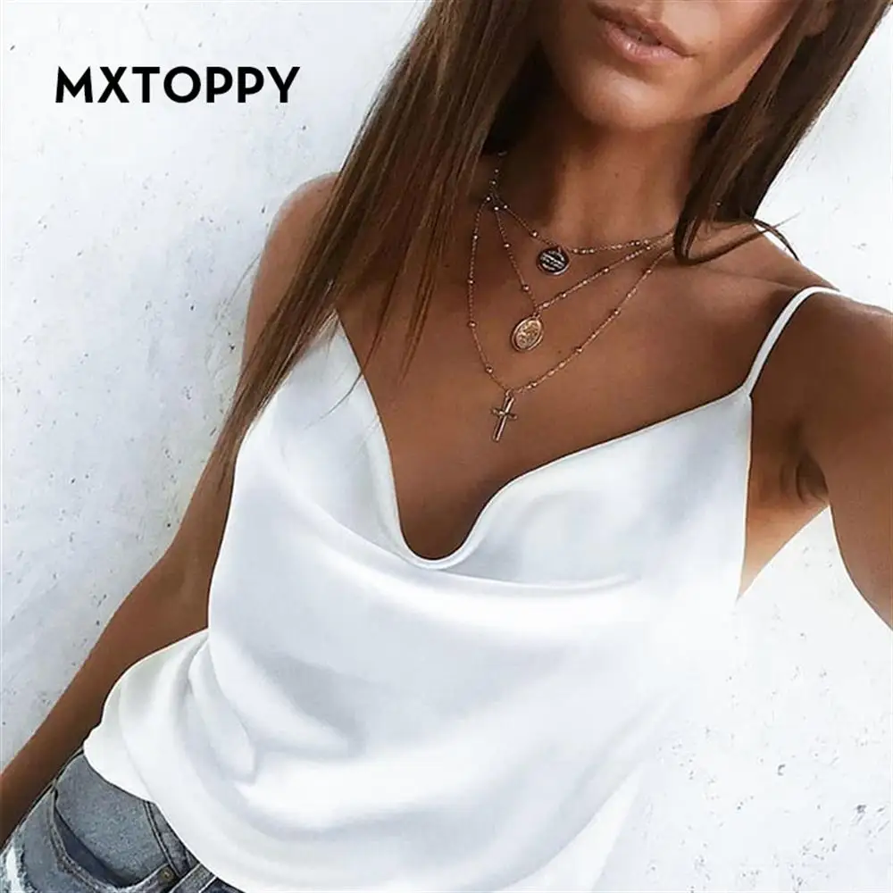 Mxtoppy Атласный Женский Топ летние майки жилет ремень без рукавов Твердые сексуальные рубашки Повседневные базовые Топы Плюс Размер Roupas Femin