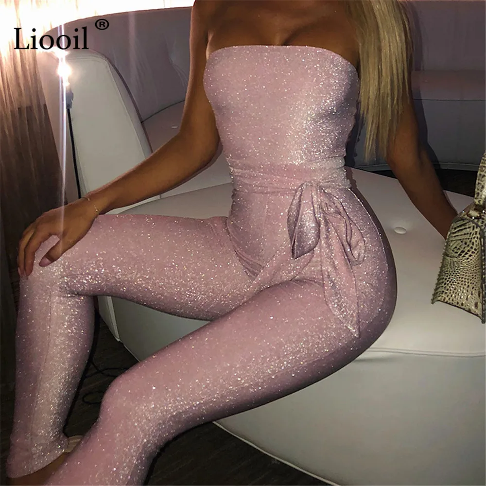 

Liooil Off The Shoulder Sparkly Tight Sexy Jumpsuits For Women 2020 Strapless Belt Party Club Rompers Glitter Bodycon Jumpsuit