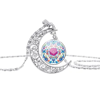 

5 Crescent Printed rose plant necklace half moon butterfly magpie animal lucky amulet hollow moon small fish necklace jewelry