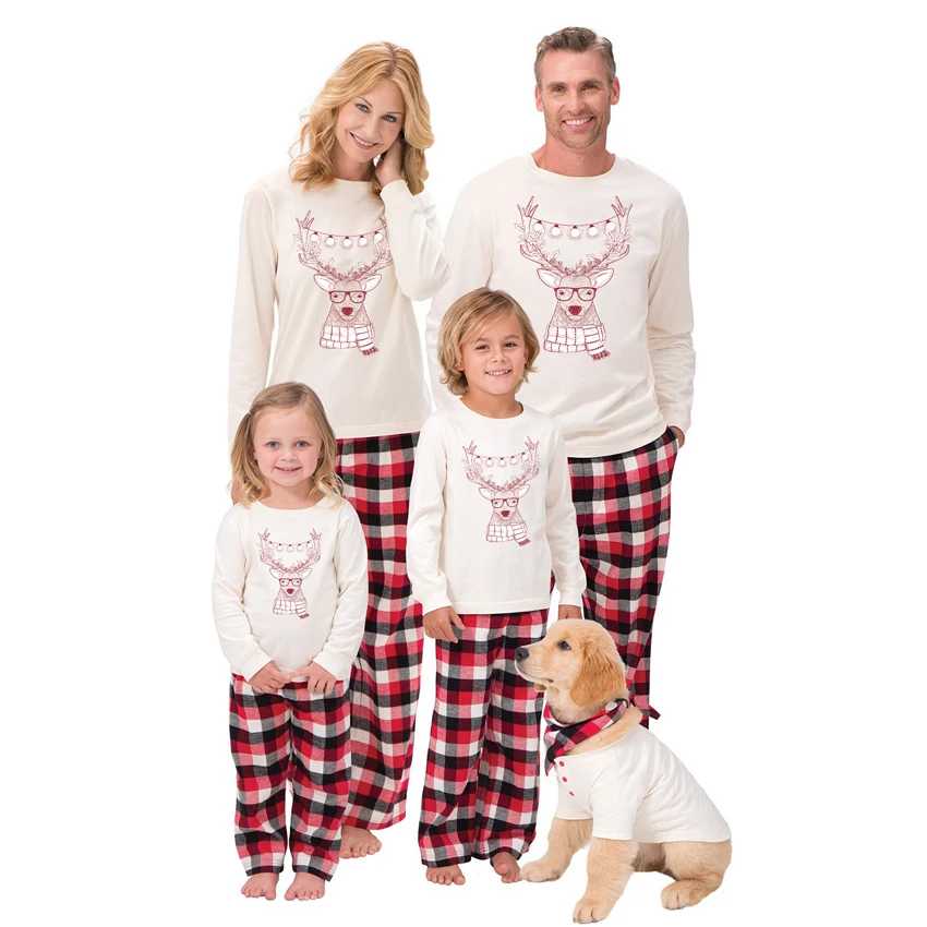 

New Year Christmas Pajamas Set Family Look Moose Print Top Plaid Pants Nightwear Home Mom and Me Warm Nightwear Family Outfit