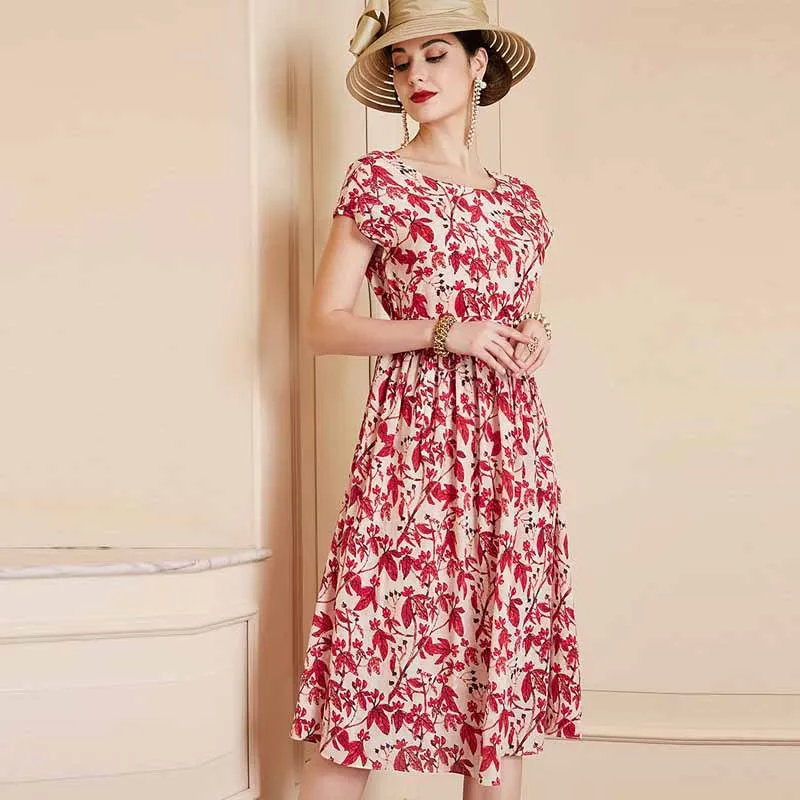 

Europe And America Summer New Style Red Small Floral Chiffon Elegant Dress Women's Belt Waist Hugging Mulberry Silk Skirt
