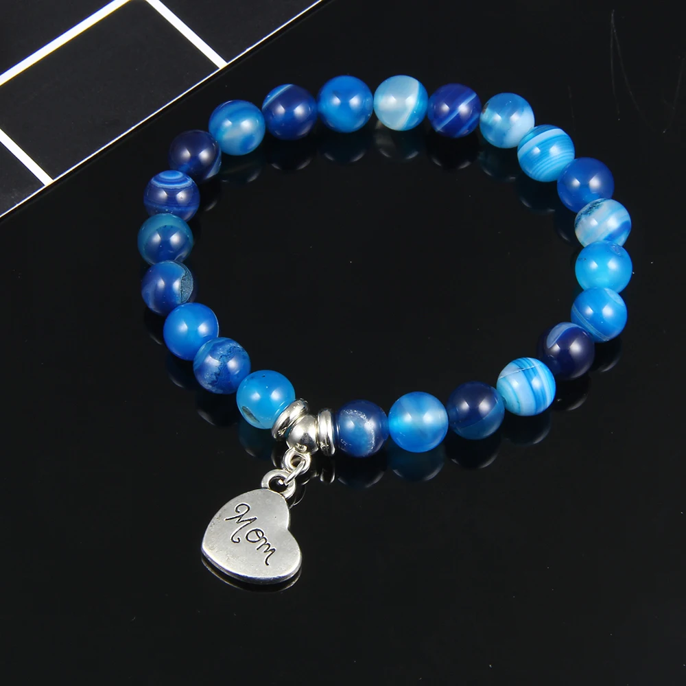 8mm Natural Stone Beads Beaded Bracelet with Words Mom Heart Pendant Bracelet for Women Tiger Eye Stone Jewelry Good Gifts