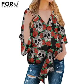

FORUDEGINS Femme Spring Clothes Gothic Skull Flower Print Women's Blouse Three Quarter Sleeves Casual Shirt camisa feminina