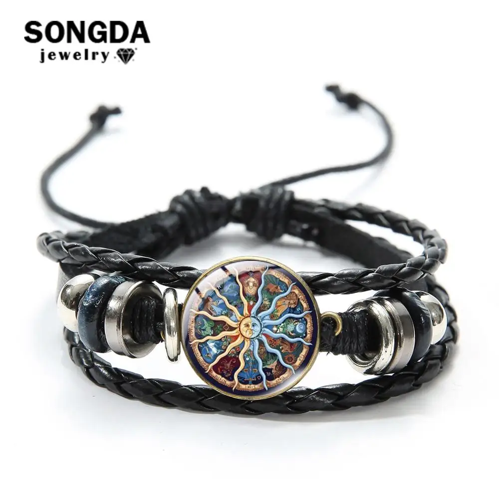SONGDA 12 Zodiac Sign Bracelet Constellations Compass Horoscope Pattern Glass Dome Leather Wicca Charm Wristband Bangle | Украшения и