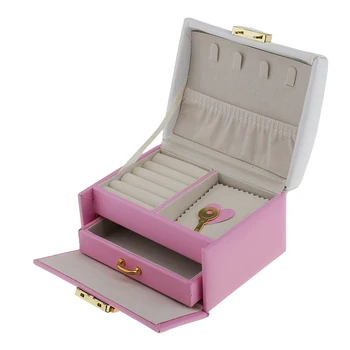 

Luxury Two Tiers Drawer PU Leather Velvet Jewelry Box Cute Bowknot with Key Lockable Organizer Mini Portable Travel Case