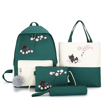 

4Pcs/set Cat Printing Canvas Cute School Bag For Teenagers Girls Student Larger Capacity Women School Backpacks Female Book Bags
