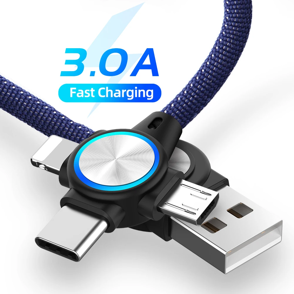 Cable USB 3 en 1 para teléfono móvil, Cable de carga Micro USB tipo C de 8 pines para iPhone 12 XS XR