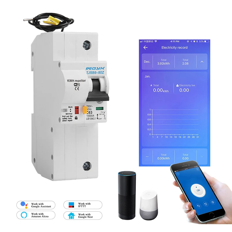  1P WiFi Smart Circuit Breaker with Energy monitoring compatible with Alexa and Google home for Smar - 33000024651