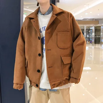 

Winter Short Woolen Coat Men's Fashion Solid Color Casual Woolen Jacket Men Streetwear Wild Loose Woolen Coat Male Overcoat