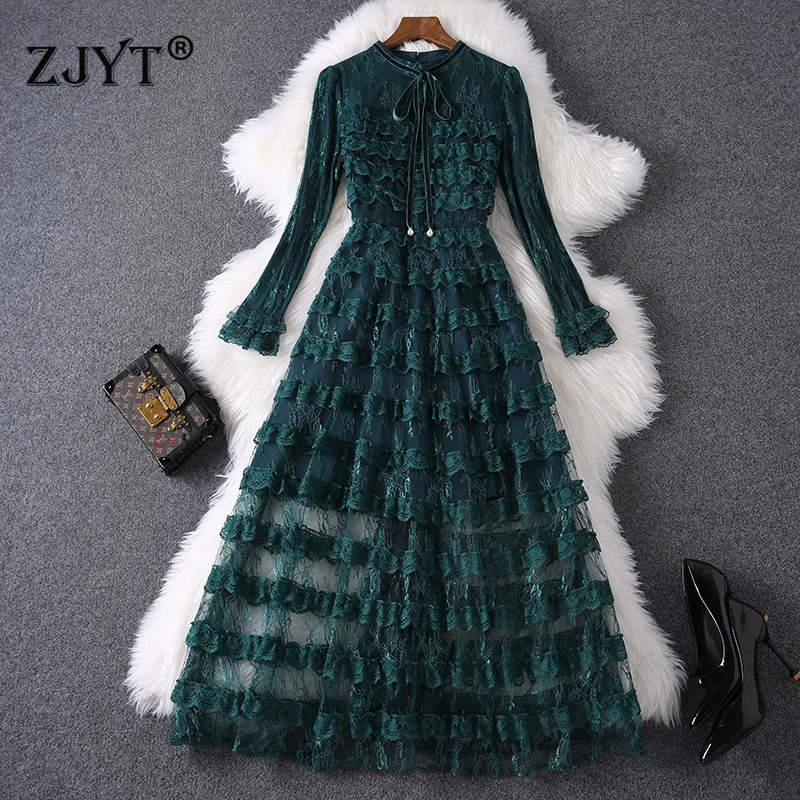 

New Fashion Runway Spring Dress Designer Women 2020 Elegant Long Sleeve Ruffle Layered Mid Calf Sexy Party Tulle Lace Dresses