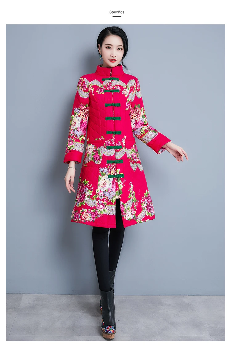 Autumn And Winter New Style Ethnic-Style Large Size Dress Frog Waist Hugging Slimming Mid-length Printed Cotton-padded Clot