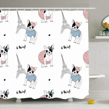 

Shower Curtain Set with Hooks 60x72 Puppy French Bulldog Paris Apparel Pattern Animals Wildlife Beauty Paper Cool Wear Fashion