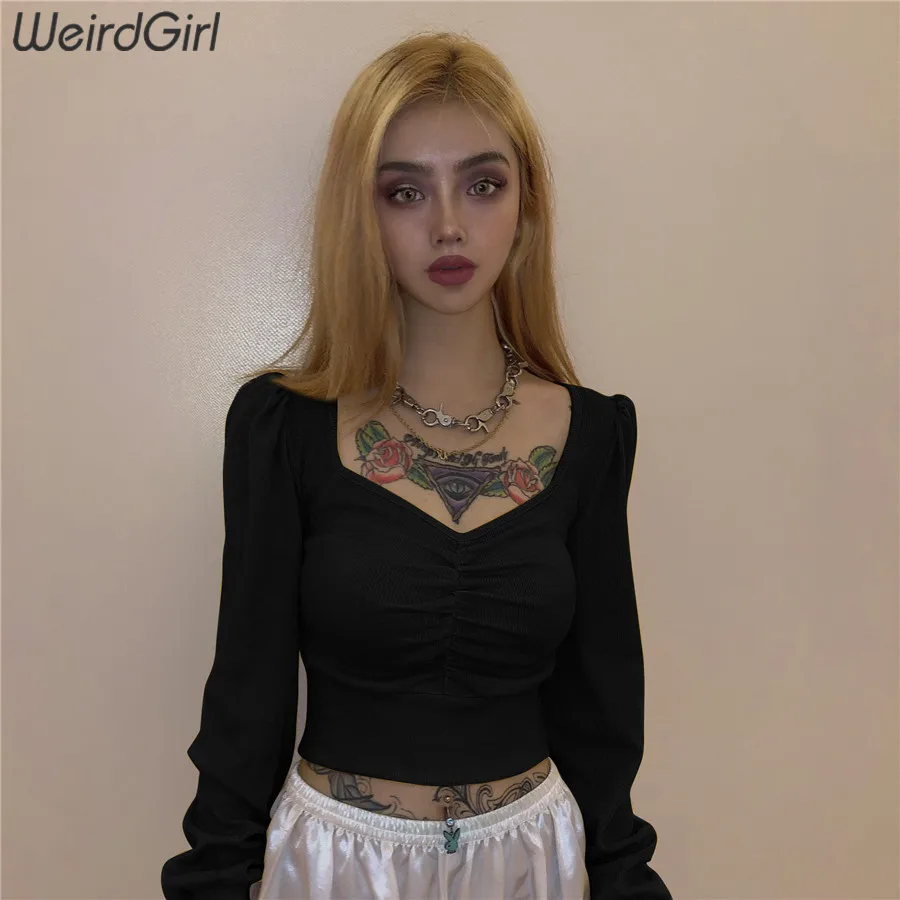 Weirdgirl толстовки Осенние женские длинные рукава v-образные свитшоты Harajuku твердый короткий модный топ тонкие эластичные броские пуловеры