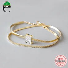 ElfoPlataSi, натуральная 925 пробы, Серебряный двойной слой, квадратный CZ браслет для женщин, жены, девушек, хорошее серебряное ювелирное изделие DS2293