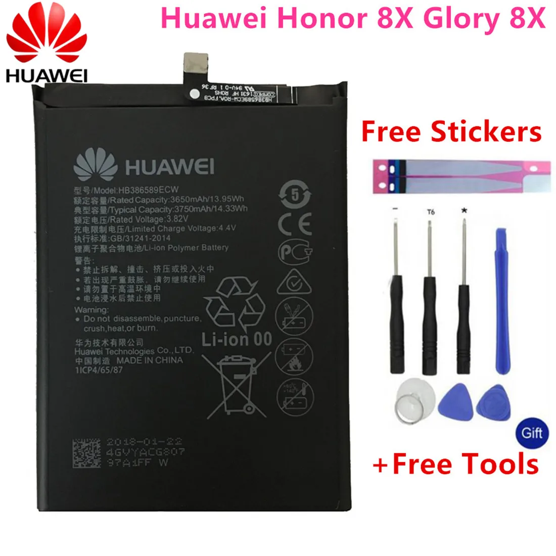 

Original For Huawei Honor 8X Battery HB386589ECW 3750mAh Full Capacity for Huawei View 10 Lite Battery Replacement +Free Tools