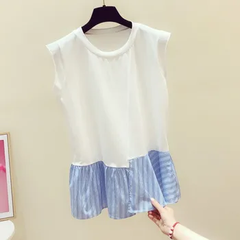 

Sleeveless Tshirt Women 2020 Summer New Korean Style Stripe Ruffle Hem Round Neck Sleeveless T-shirt Women Casual Top Tee