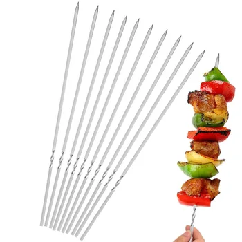 

12pcs Stainless Steel Barbecue Skewers Reusable Flat BBQ Needle Stick For Kitchen Cooking Accessories Camping Supplies Outdoor