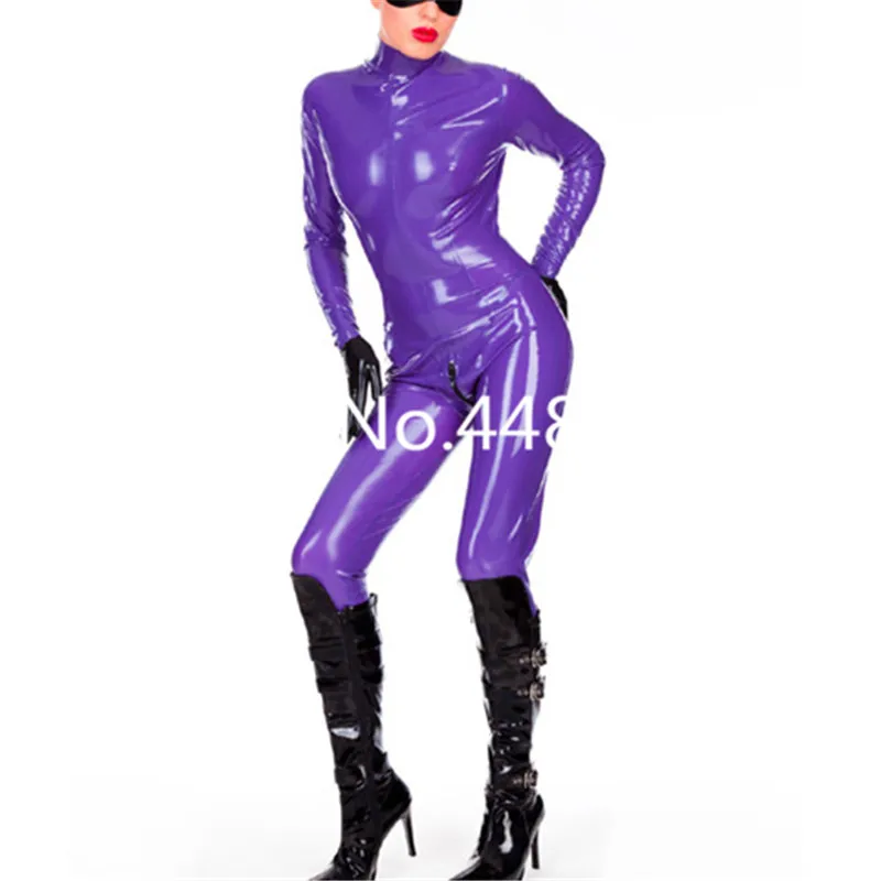 Sexy Purple Women's Latex Rubber Bodysuit With Back Zipper Latex