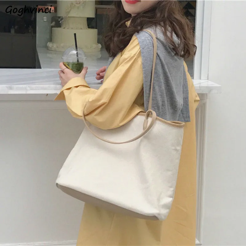 Shopping Bags Women Solid Simple Canvas Shoulder Elegant Retro Large-capacity Reusable Handbags Fashion Ulzzang Leisure Ins | Багаж и