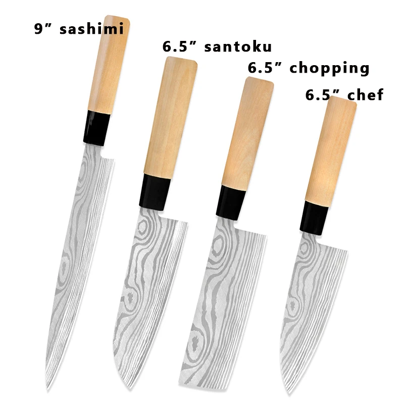 Knife set 4pcs Набор кухонных ножей из дамасской нержавеющей стали 9 ''Sashimi 6,5'' Santoku разделочный нож шеф-повара нож из кости рыбы овощи суши мясо ножи - Цвет: Knife set 4pcs