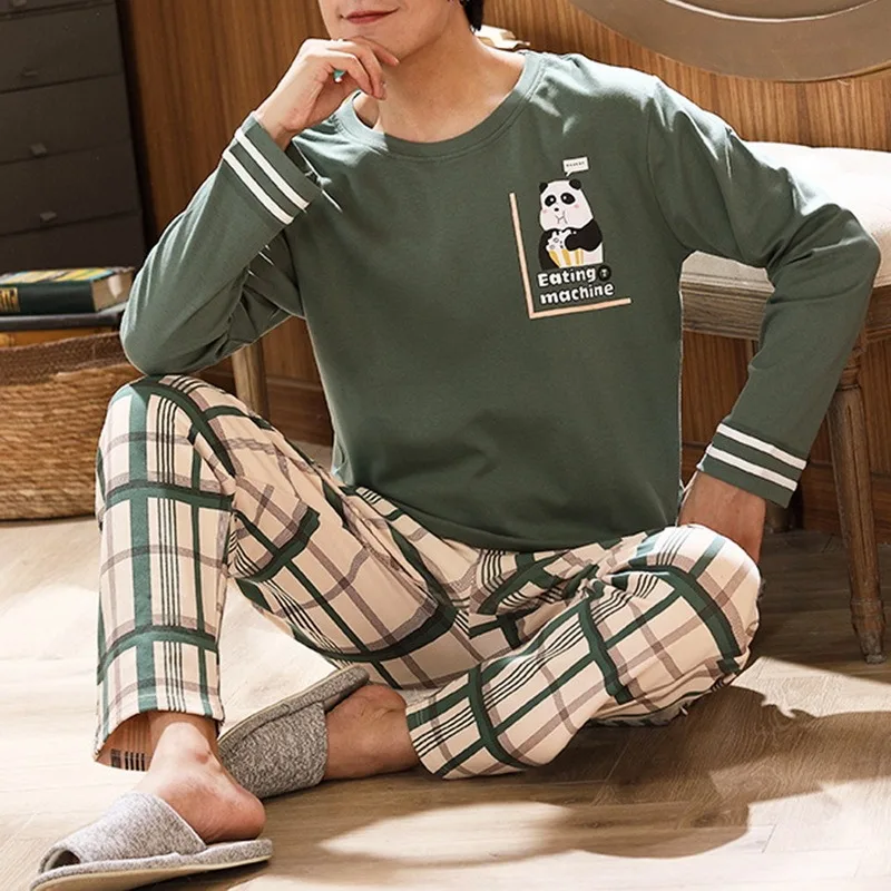 Autumn Winter Men&#39s Cotton Pajamas Letter Striped Sleepwear Cartoon Pajama Sets Casual Sleep&Lounge Pyjamas Plus Size 3XL pajama joggers Men's Sleep & Lounge