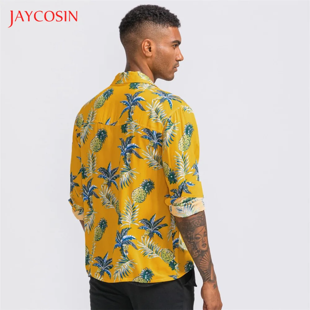 Joycosin, мужская рубашка в пляжном стиле, зимняя, повседневная, модная, с принтом ананаса, мужские топы, с длинным рукавом, с v-образным вырезом, рубашка, три цвета