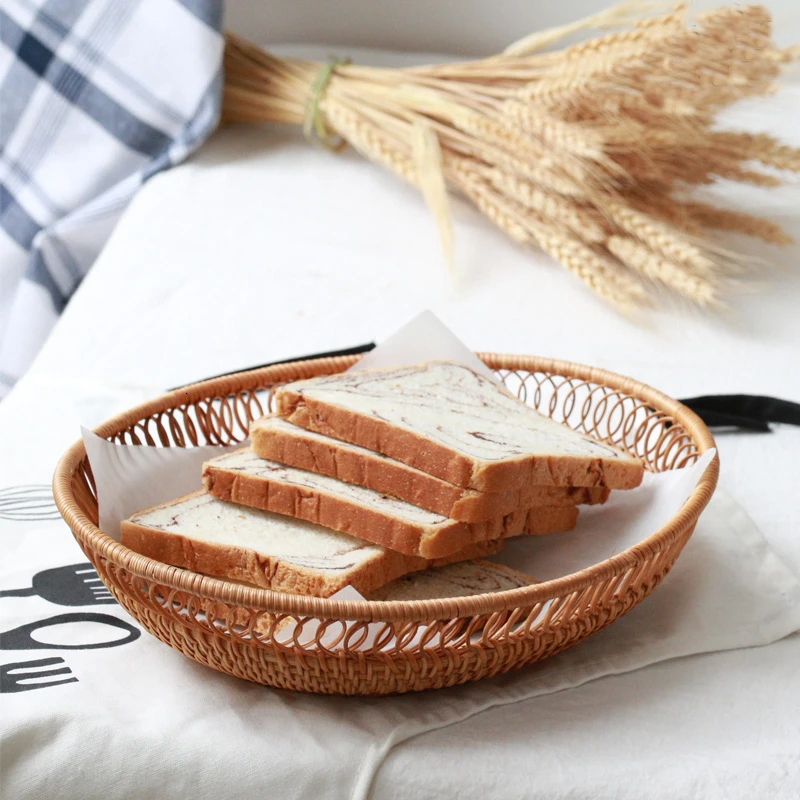 Хлебная корзина ручной работы для хранения продуктов из ротанга, плетеная тарелка для пикника, фруктовое блюдо, контейнер для мелочей, органайзер, домашний декор, натуральный