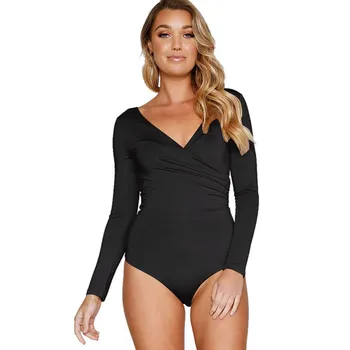 

Deep V Racerback Bodysuit Black Sexy Skinny Women Solid Slim Bodysuits Summer Long Sleeve Brief Bodysuit