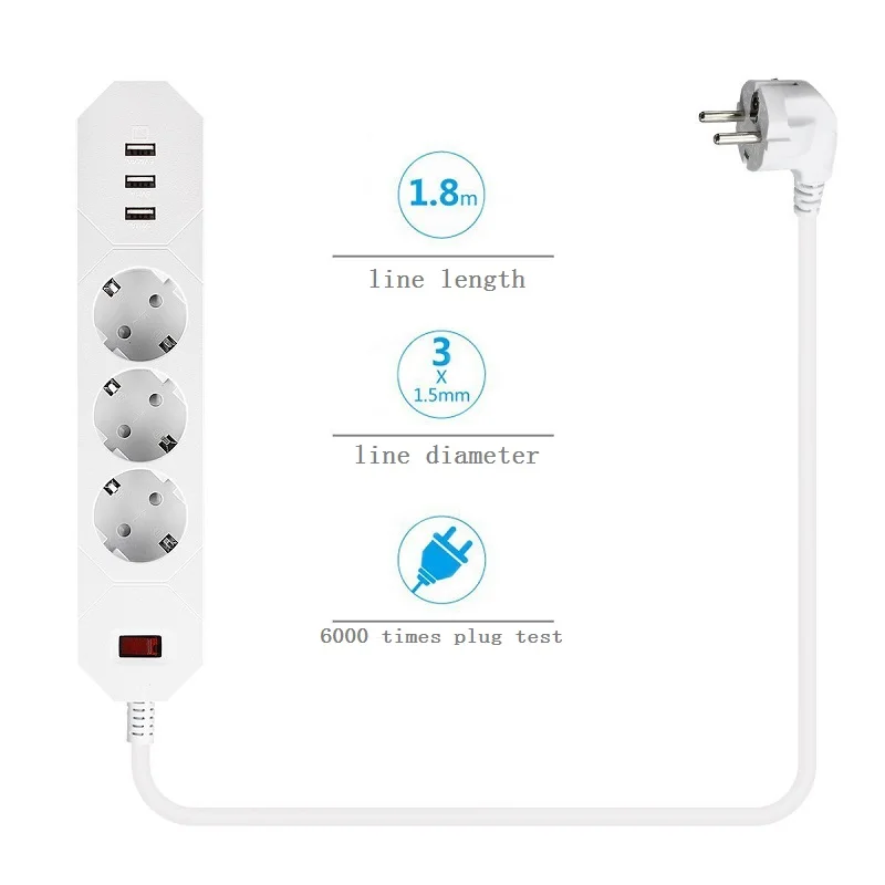 

Smart Power Strip Extension Socket 3USB Charging Ports 3 AC EU UK Outlet Extension Socket 1.8 Cable Home Office