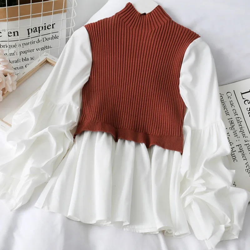 Woherb, корейская мода, половинная водолазка, длинный рукав с буфами, пуловеры, лоскутные, тонкие топы, женский свитер из двух частей, новинка 91350 - Цвет: rust red knitwear