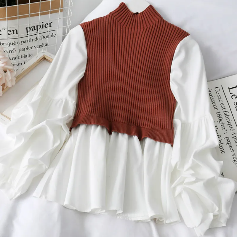 rust red knitwear Woherb, корейская мода, половинная водолазка, длинный рукав с буфами, пуловеры, лоскутные, тонкие топы, женский свитер из двух частей, новинка 91350 - Цвет: rust red knitwear