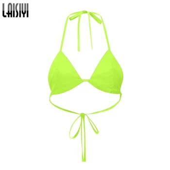 

LAISIYI Summer Girl Sweet Candy Color Bras Solid Halter Lace Up Bralette Fashion Reflective Bra Women Sexy Streetwear Set 200062
