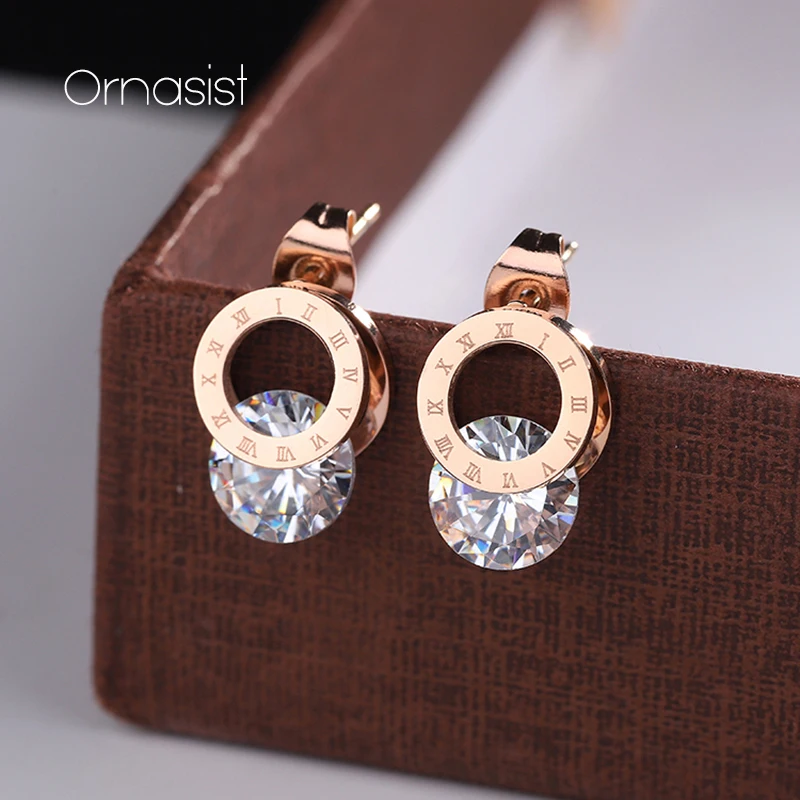 

Titanium Steel Circle Roman Numeral Earrings Exquisite Zircon Ladies Earrings Classic Simple Rose Gold Colour Ladies Jewelry