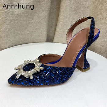 

Bling Sequined Cloth Banquet Shoes Woman Jeweled Crystal Sunflower Buckle Decor Pointed Toe High Goblet Heel Sandals Women