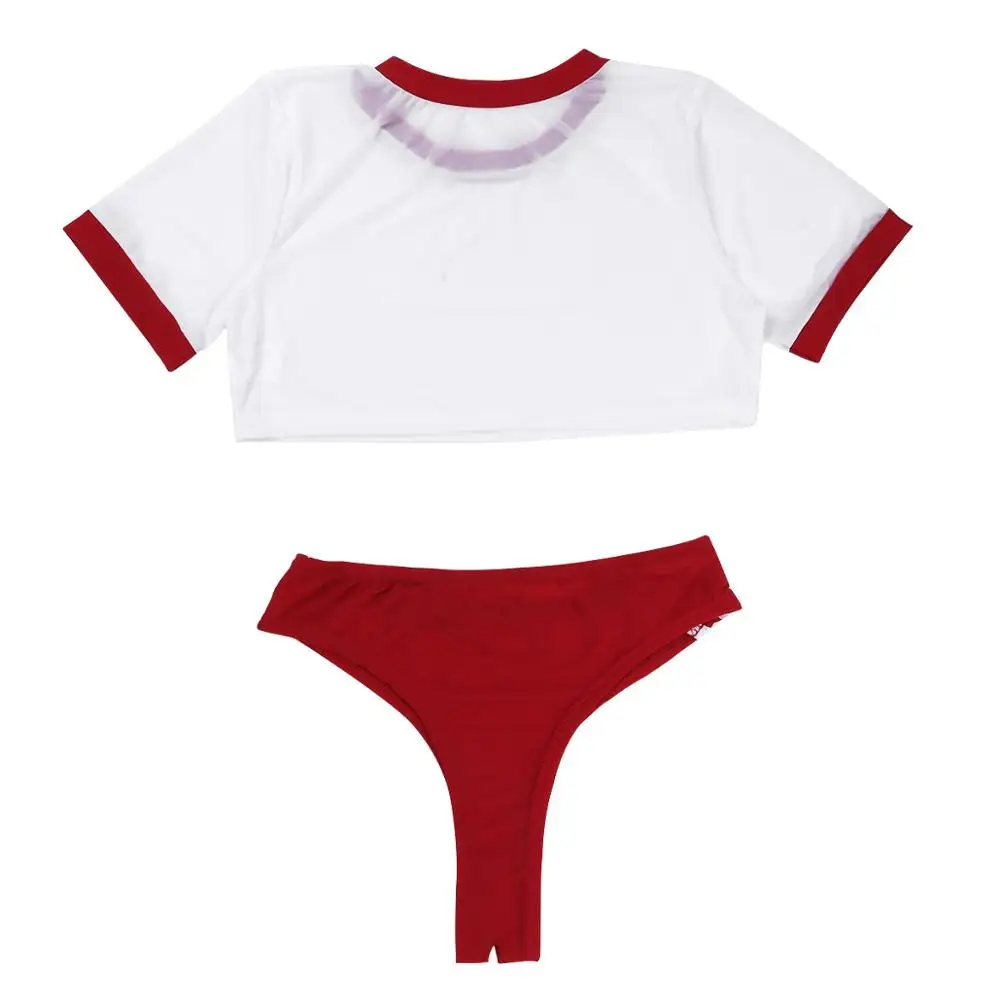 Women's School Girl Sheer Bodysuit Two Pieces Lingerie Set Short Sleeves Sheer Crop Top with Open Crotch Thongs Briefs Underwear women sport swimsuits women swim dresses women bodysuits