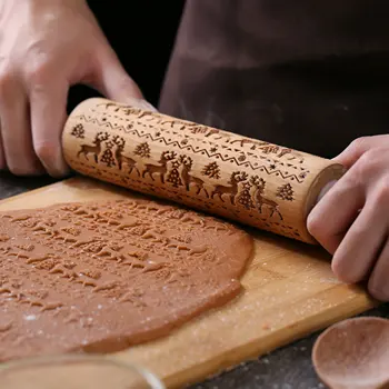 

Christmas Embossing Rolling Pin Baking Cookies Noodle Biscuit Fondant Cake Dough Engraved Roller Reindeer Snowflake