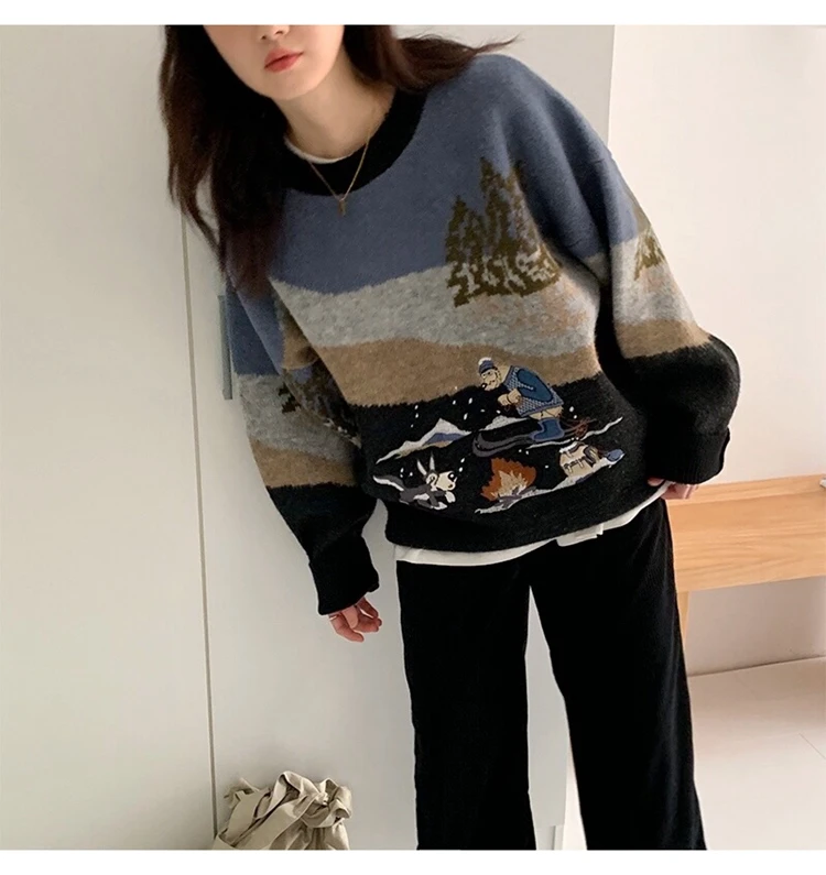 Woherb Pull Femme, осенне-зимний вязаный свитер в стиле Харадзюку, Женский контрастный пуловер с мультяшной вышивкой, джемпер, корейские свитера