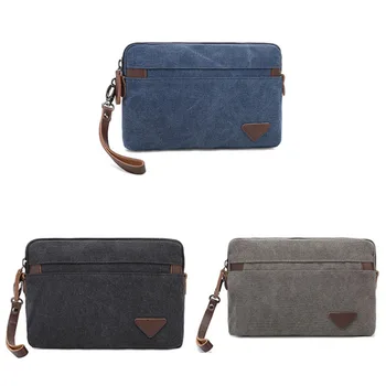 

Canvas Wristlet Bag Large Clutch Wallet Purse Zipper Pouch Handbag Organizer with Leather Strap for Men