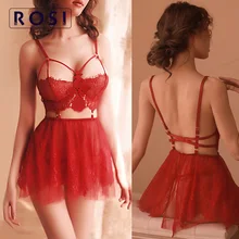 ROSI сексуальное ночное белье пижамные комплекты без рукавов ремень кружевная ночная рубашка+ стринги женская прозрачная юбка Женская Осенняя эротическая ночная рубашка