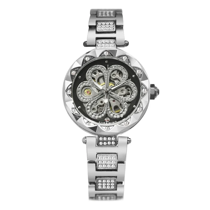 SILVER BLACK FORSINING, модные женские автоматические часы, механические, элегантные, женские часы, лучший бренд, Роскошные, нержавеющая сталь, Iced Out, наручные часы - Цвет: SILVER BLACK