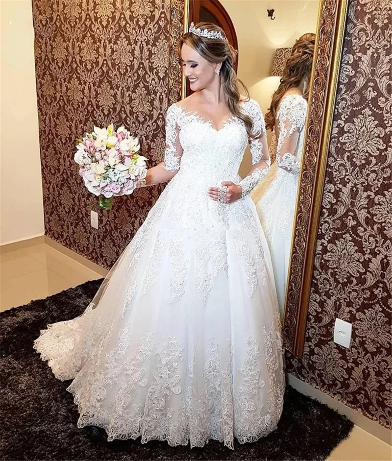 

Vestido De Noiva 2019 Long Sleeve Tulle Wedding Dress Bride Princess Ball Gowns Handmade Lace Applique Bridal Gown robe mariage