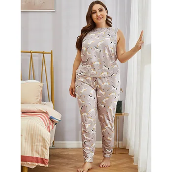 

Plus size home service fat ladies plus size home service two-piece printed short-sleeved trousers pajamas