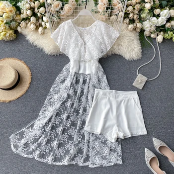 

Myfiona women's long-style lace shirt shorts three piece suit