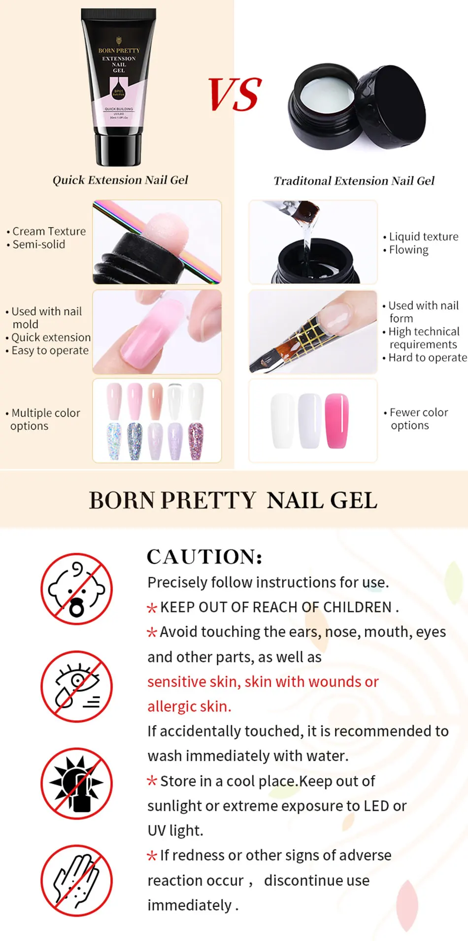 BORN PRETTY 30/20ml Glitter Acrylic Gel Finger Extension Silver Pink Extension Gel Soak Off Nail Art Gel Varnish