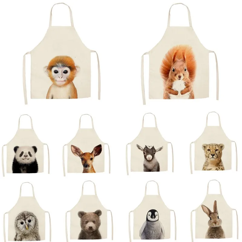 1Pcs Kitchen Apron Cute Animals Printed Sleeveless Cotton Linen Aprons for Men Women Home Cleaning Tools 55*68cm