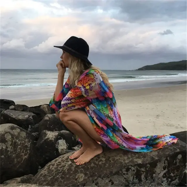 saida de praia Fashion Beach Kimono Dress Women Beachwear Multicolored Bohemian Tropical Printed Ankle Length Pareo Dress Q600 3