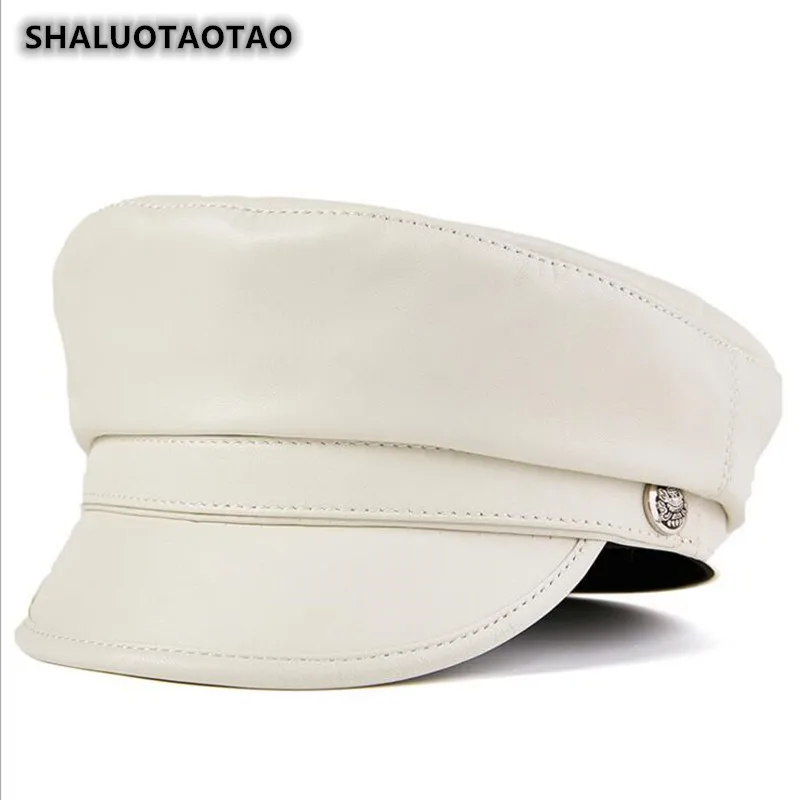 

SHALUOTAOTAO Autumn Winter Fashion Cowhide Sheepskin Military Hats Genuine Leather Hat For Men's Women's Trend Brands Flat Cap